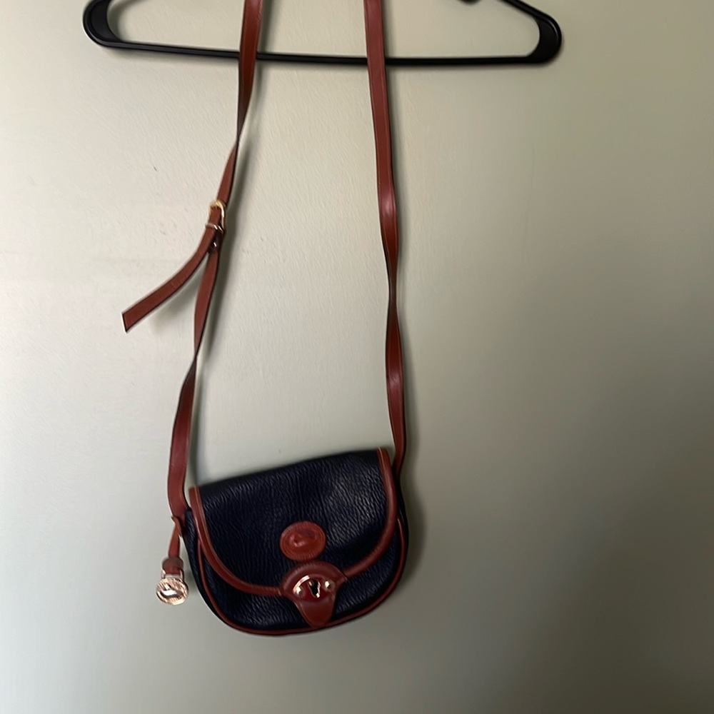 Vintage navy blue and cigar brown half-moon purse, attached strap